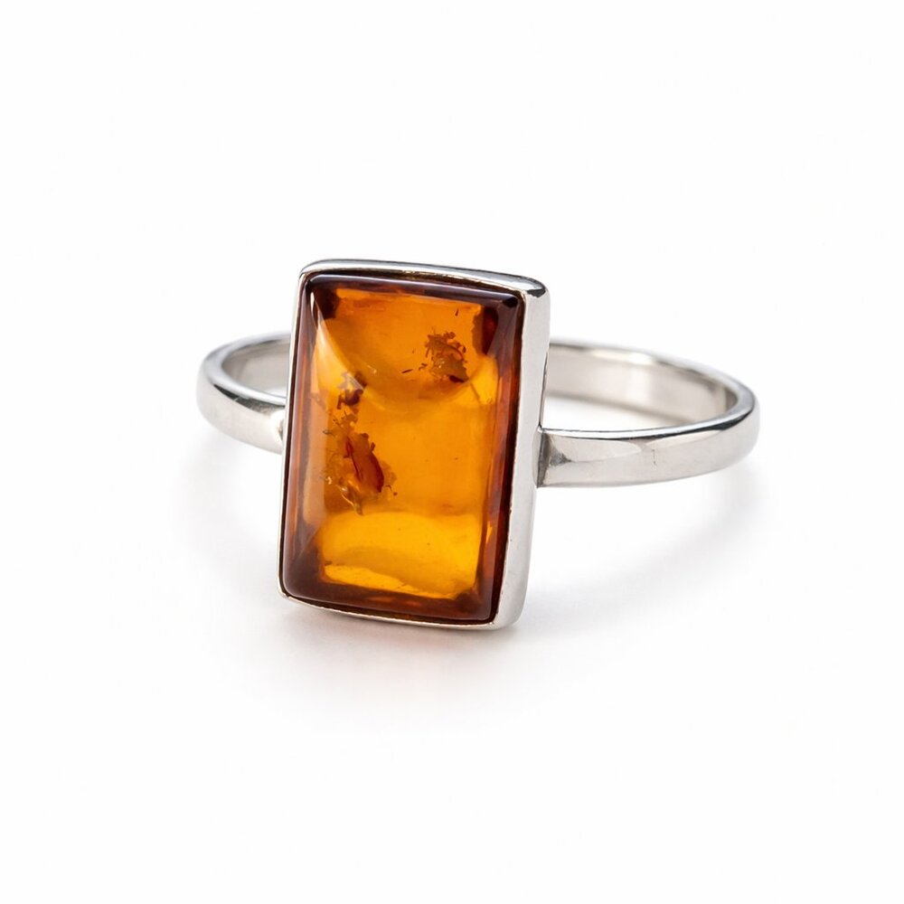 Sterling Silver 925 Amber Ring Rectangular Cabochon Size 6 Vintage Modernist